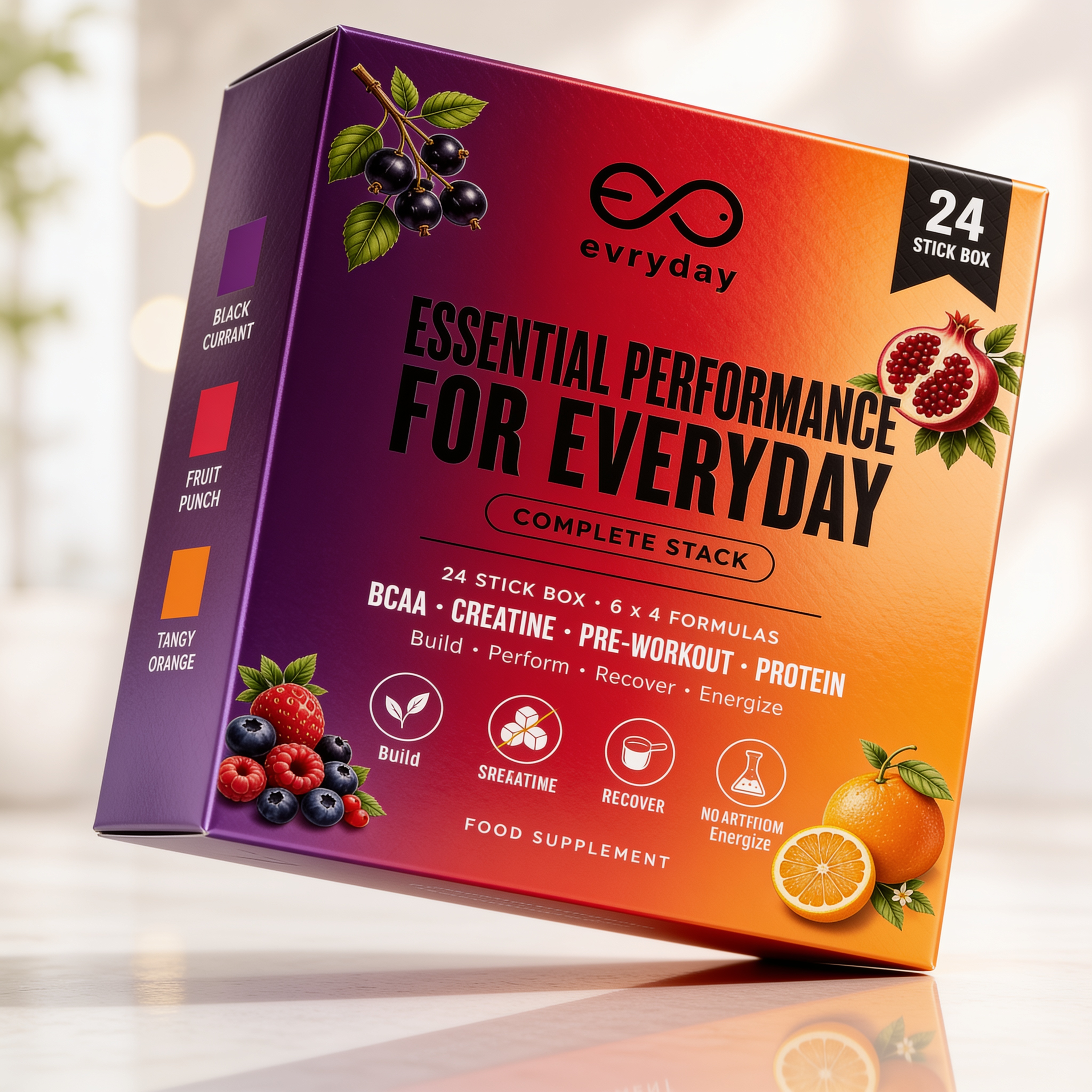 Professional product photography of a premium supplement box for the brand "evryday", shot at a 3/4 angle. Overall mood: fresh, light, bright, and premium — but with a bold, athlet