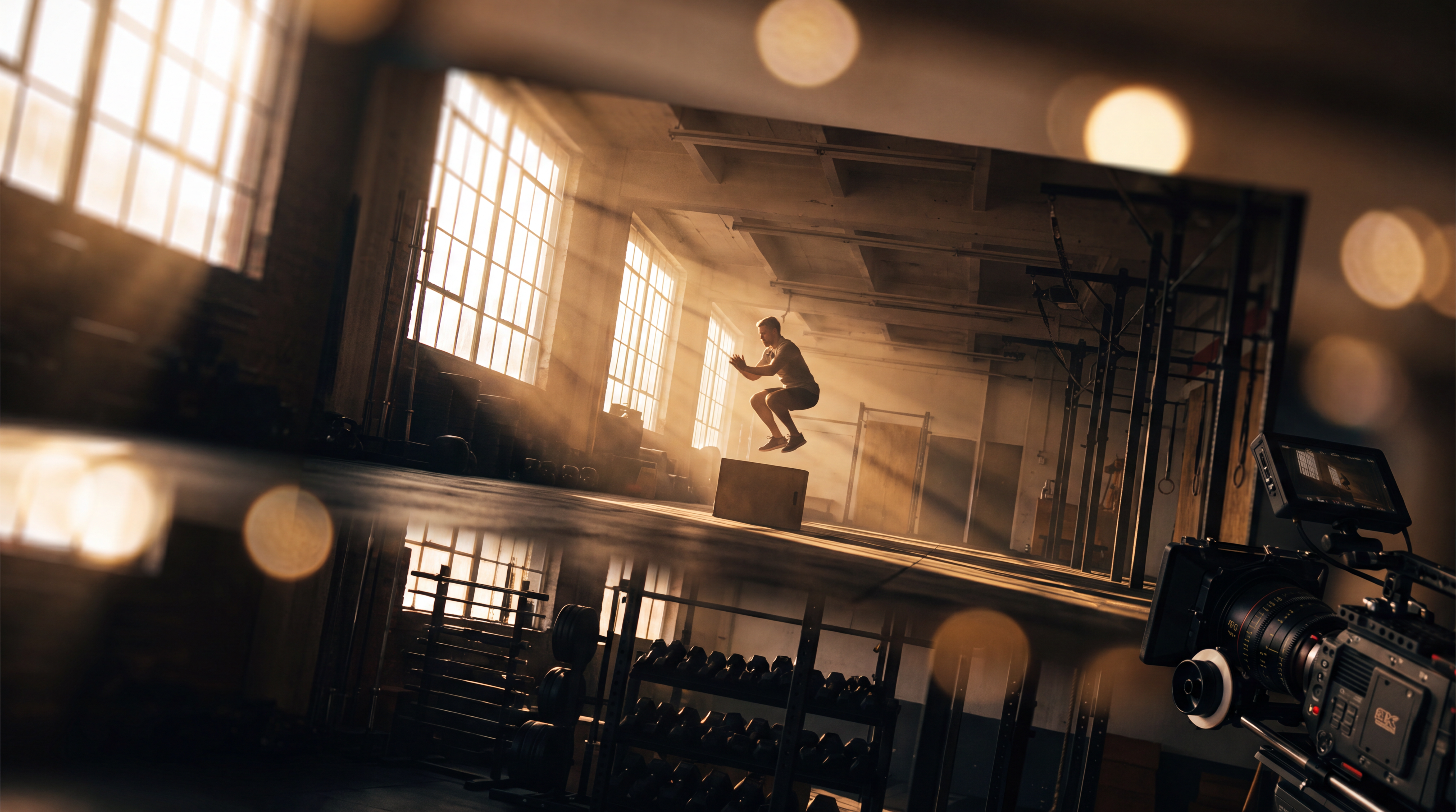A cinematic wide shot of a modern gym interior at golden hour, athlete mid-workout, volumetric light, shot on a modular 8K digital cinema camera, using a creative tilt lens effect 