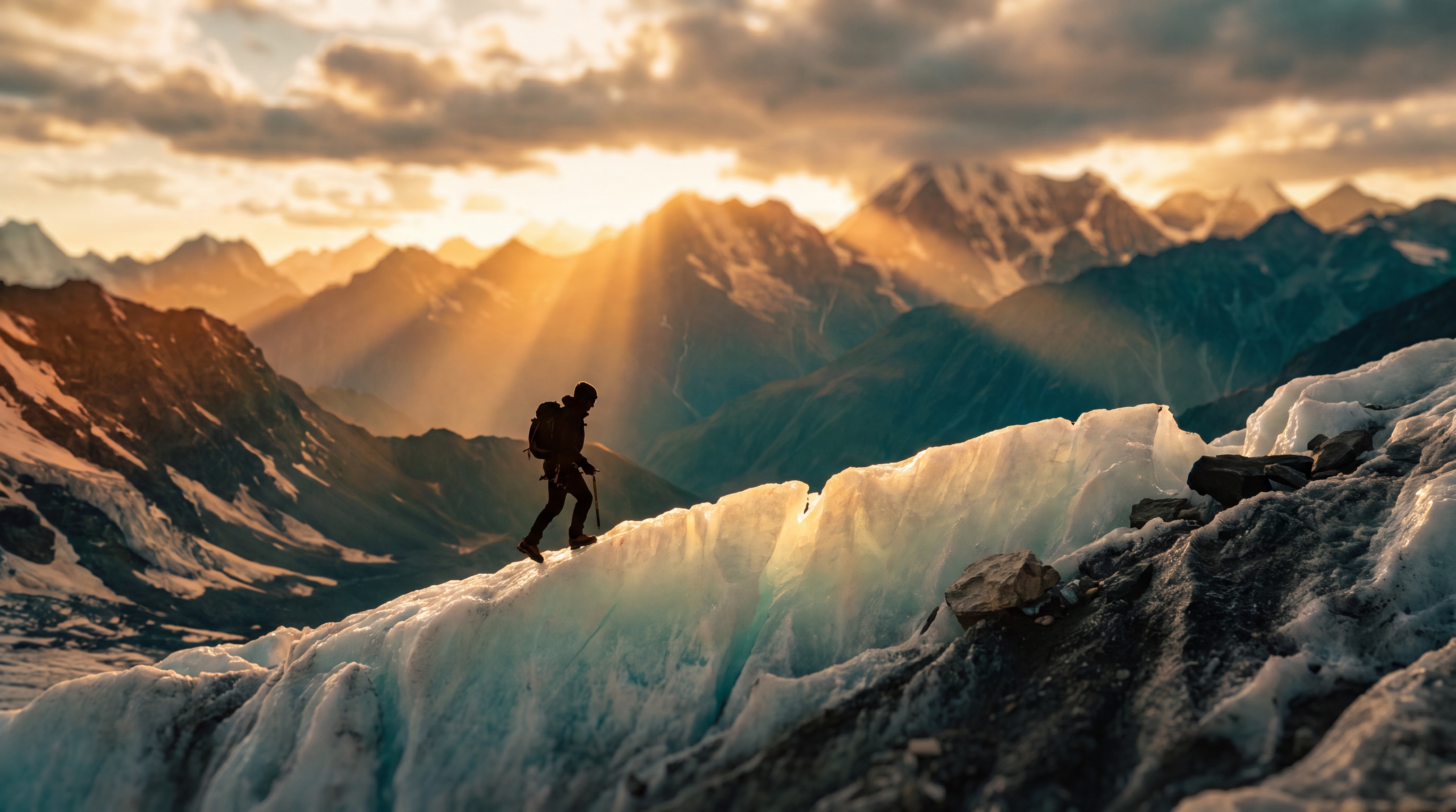 Epic wide cinematic shot: a lone climber on a glowing ice ridge at golden hour, vast Himalayan vista, volumetric god rays, 35mm anamorphic, ultra-detailed, color-graded teal and am