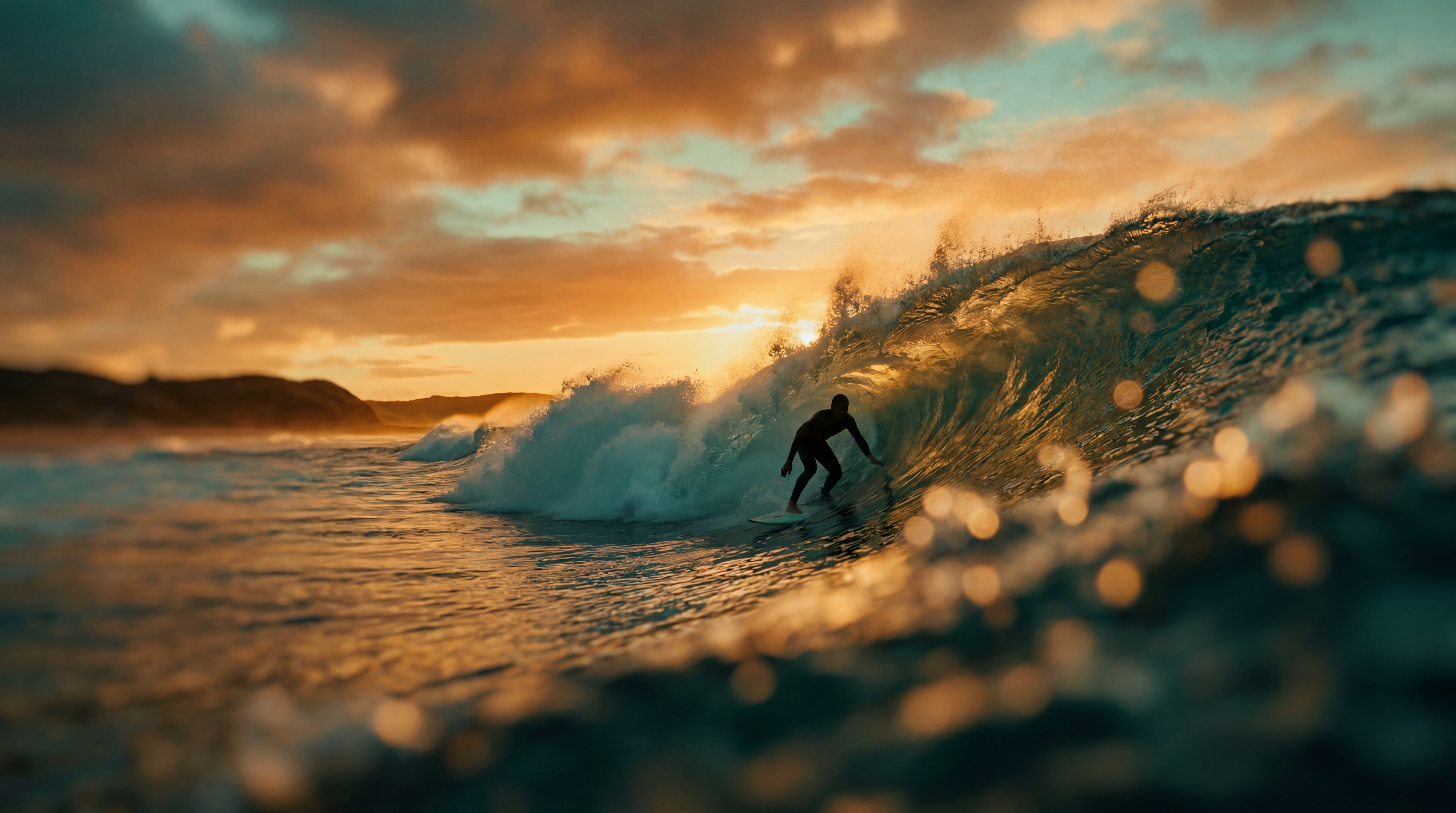 Epic cinematic wide: a lone surfer silhouetted against a giant golden-hour wave, spray backlit, 35mm anamorphic, teal and amber grade, ultra-detailed, shot on a modular 8K digital 