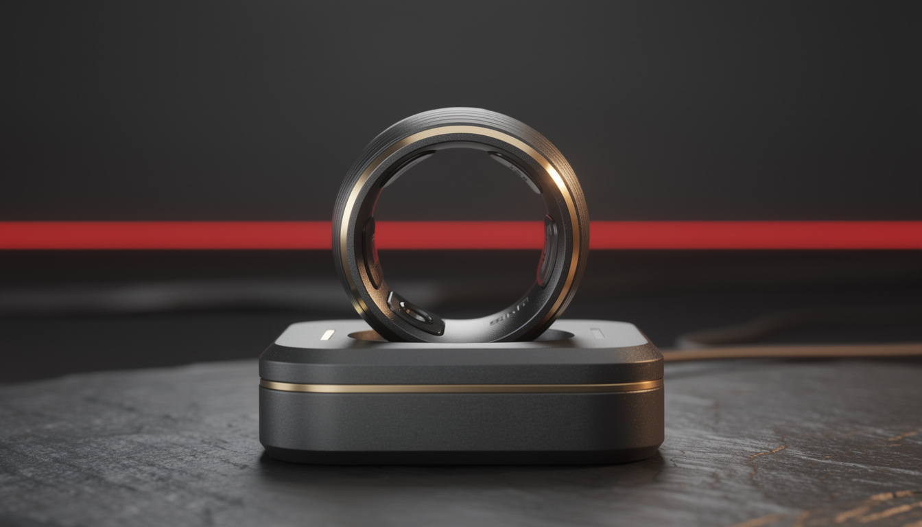 Closing hero product shot, 16:9 cinematic frame: the ring sits on a minimal charger pedestal on a dark stone surface, gold accent facing camera, one soft red (#D2000B) accent line 