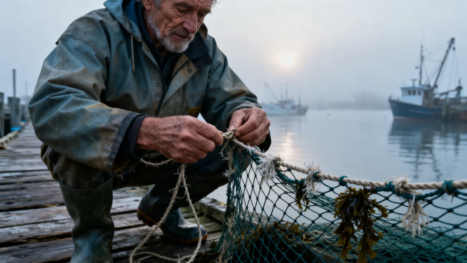 An elderly fisherman in a worn jacket and rubber boots crouches on a wooden dock mending a fishing net, with boats moored in a misty harbor behind him.