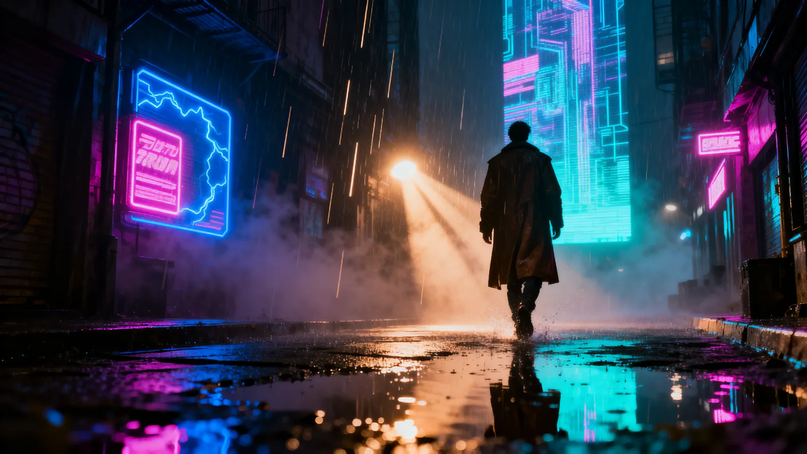 A lone figure in a long coat walks away down a rain-soaked alley at night, lit by glowing pink and cyan neon signs reflected in the puddles.