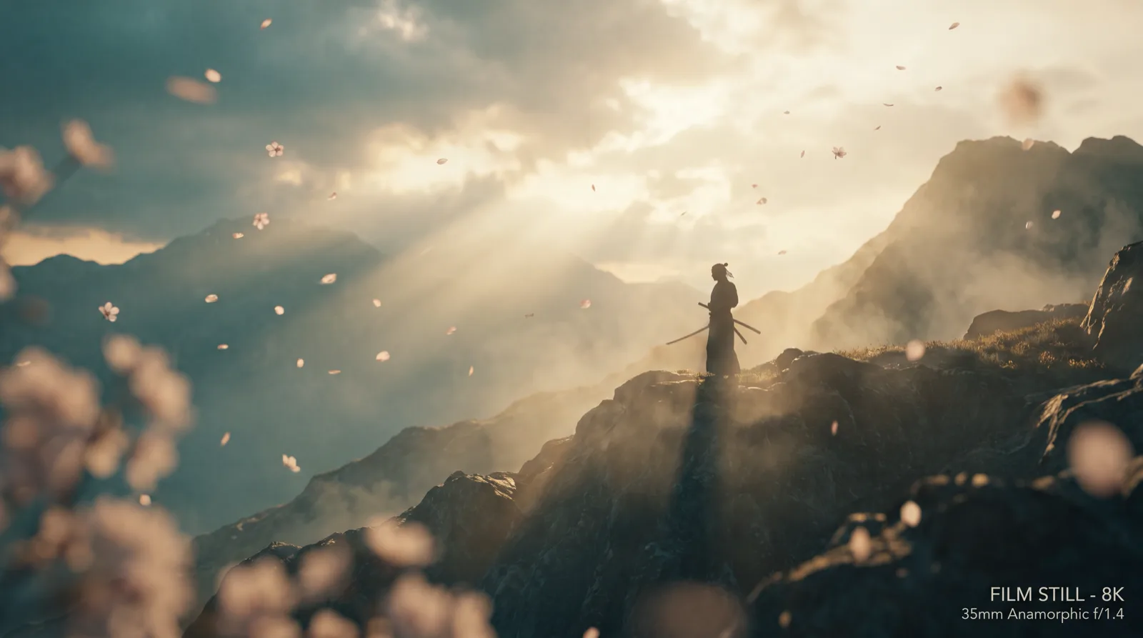Epic cinematic wide shot: a lone samurai standing on a misty mountain ridge at dawn, cherry blossoms drifting, volumetric god rays, dramatic backlight, 35mm anamorphic, muted… — sample output
