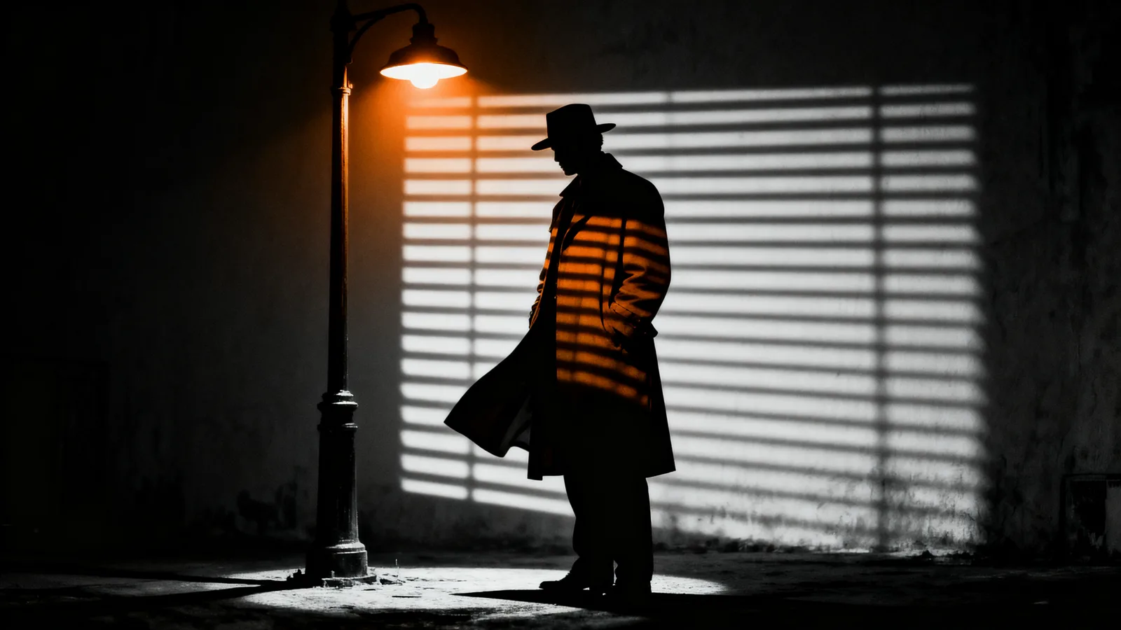 A man in a fedora and trench coat stands in silhouette beneath a glowing streetlamp, striped venetian-blind shadows falling across a bare wall in high-contrast black and white.