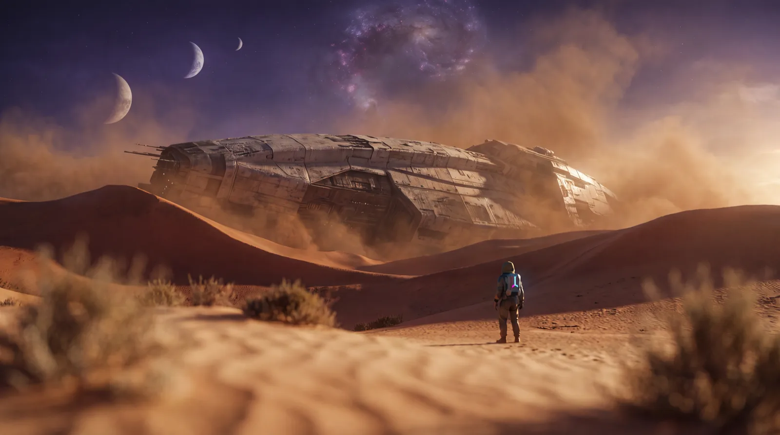 A colossal derelict starship half-buried in red desert dunes under a violet sky with two moons, with a tiny explorer for scale, dust haze, matte-painting depth and dramatic rim light.
