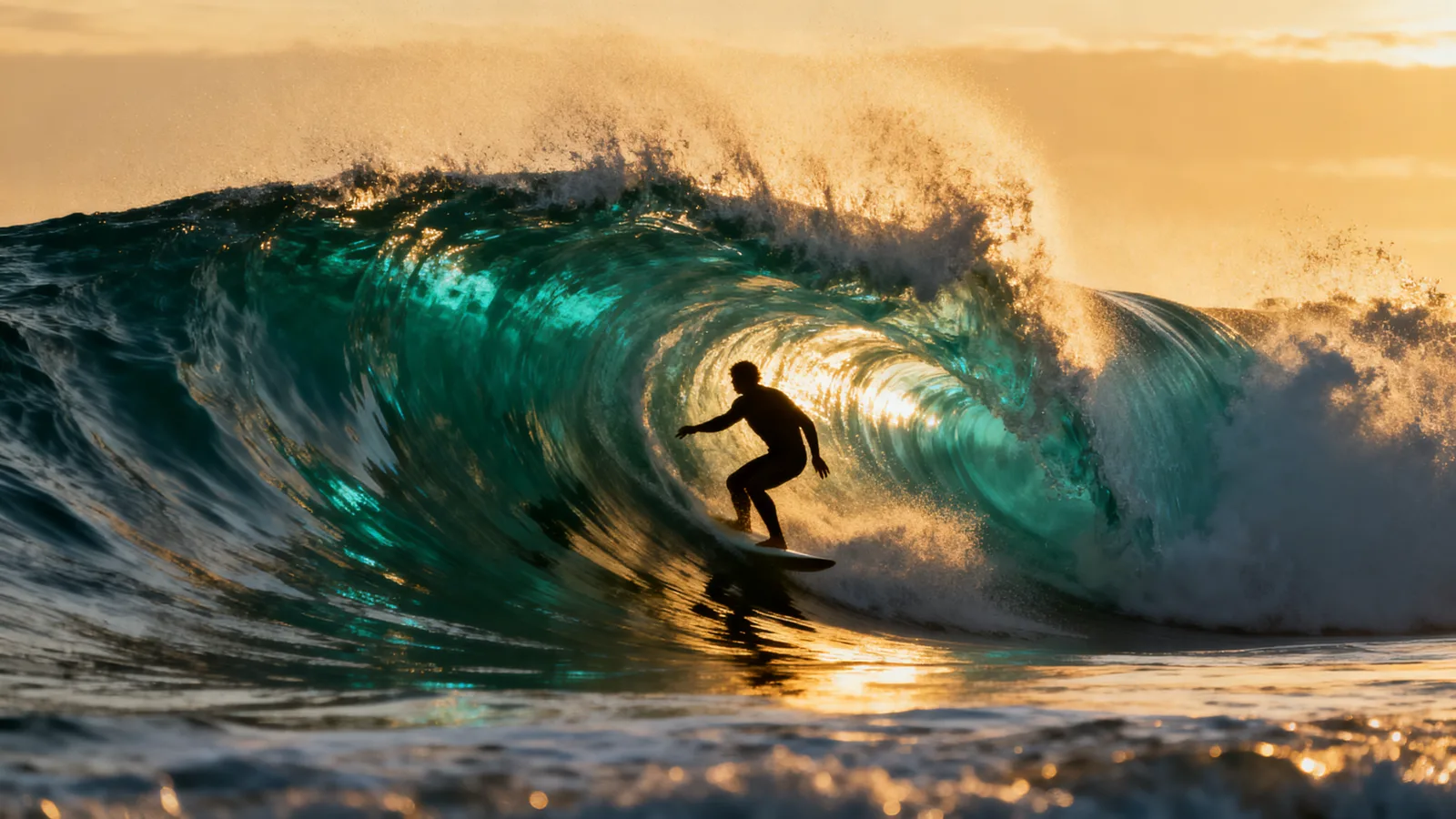 A surfer carves through the glowing green barrel of a large breaking wave at sunset, silhouetted against golden light with spray flying overhead.