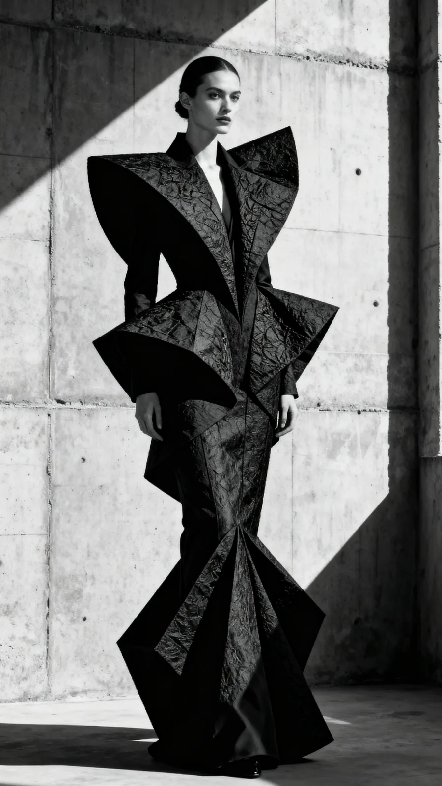 A model wears a dramatic angular black gown with sharp sculptural panels, standing against a sunlit concrete wall in high-contrast black and white.