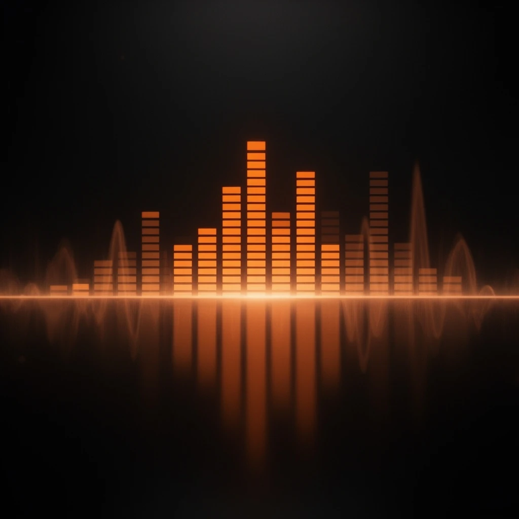 A premium close-up of dancing orange equalizer bars and a glowing waveform over near-black with soft reflections, audio-studio aesthetic, square 1:1.