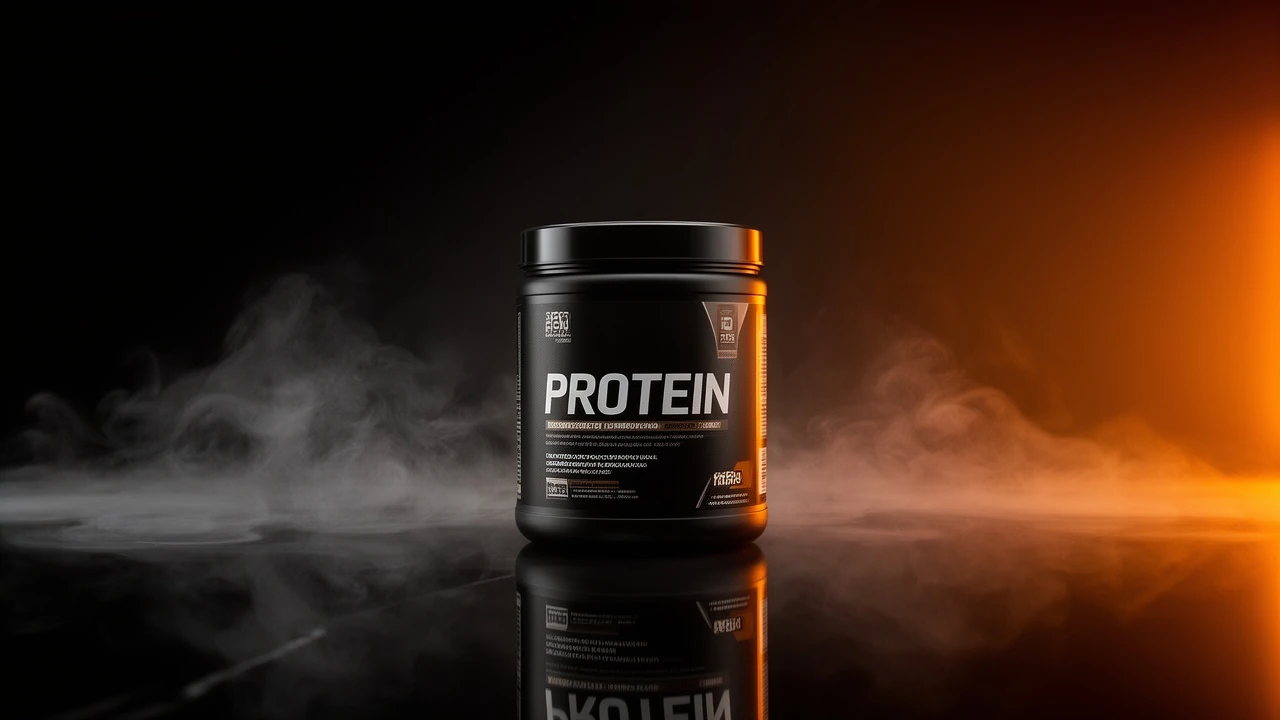Hyper-real studio still of a black protein tub on polished black acrylic with a warm orange gel kicker and mirror reflection, flagship product key visual, 16:9.