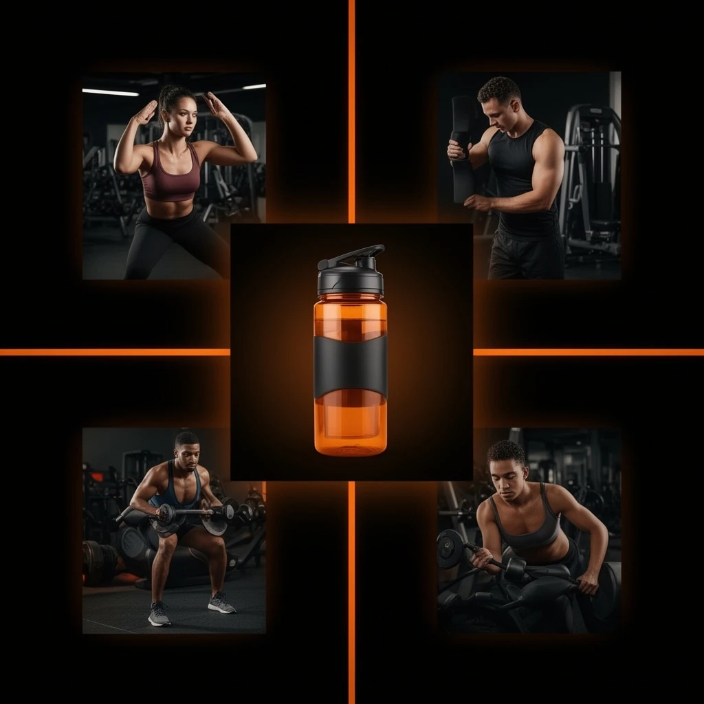 A premium moodboard of five on-brand fitness references fused into one cohesive product key visual on near-black with warm orange accents, art-direction aesthetic, 1:1.