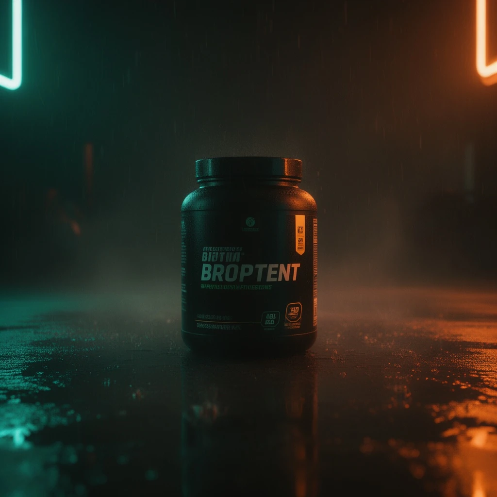 A moody neon-noir restyle of a fitness product ad — black tub on a wet reflective surface with warm orange and teal neon reflections and rain mist, cinematic noir, 16:9.
