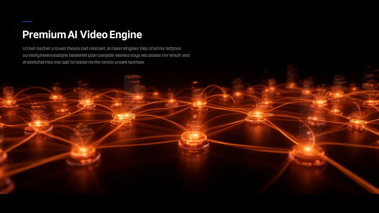 Cinematic 16:9 hero: stylized node-graph of glowing deep-orange interconnected nodes wired by flowing luminous bezier light-edges with pulsing data streams on near-black, premium AI video generation concept.