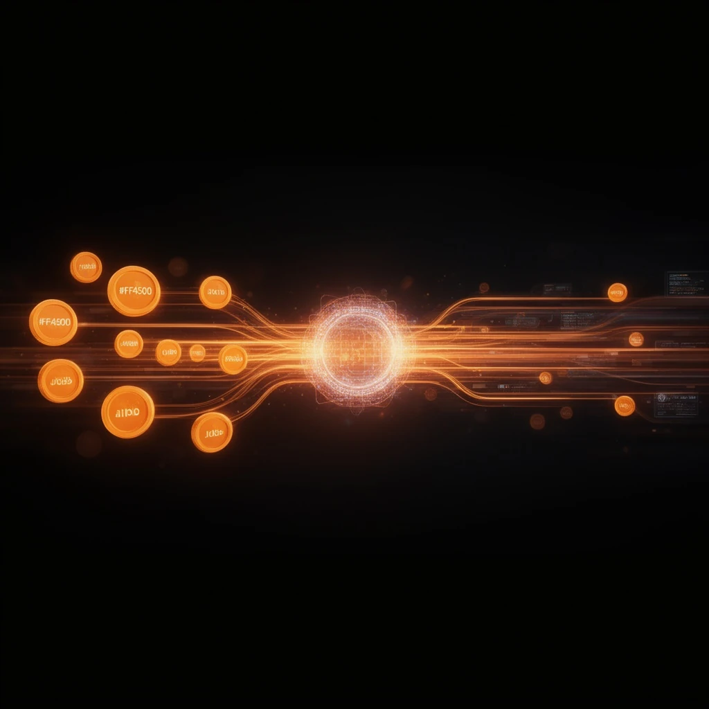 An abstract dispatcher concept: glowing orange job tokens flowing through a central routing core into parallel lanes on near-black with light trails, premium infographic, 16:9.