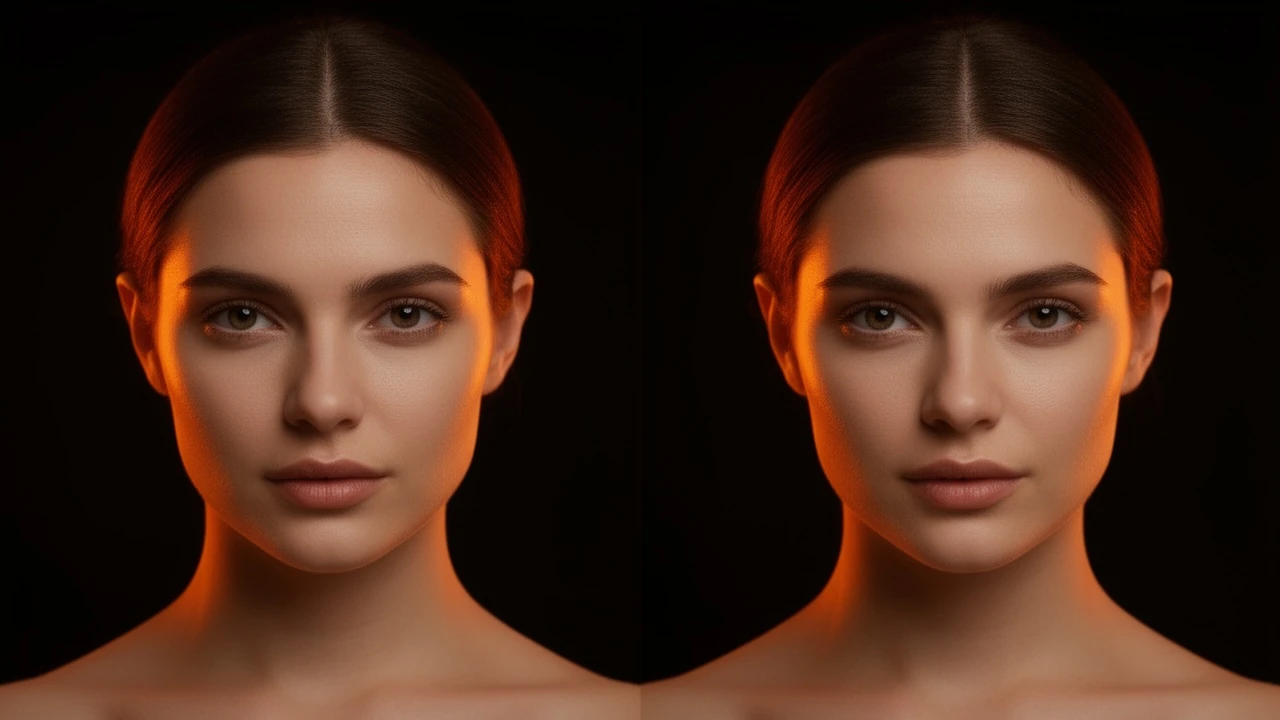 Cinematic 16:9 hero: split diptych of two generic model portraits side-by-side on near-black, both under identical warm studio key light and soft orange rim, seamless AI face-swap result on right panel.