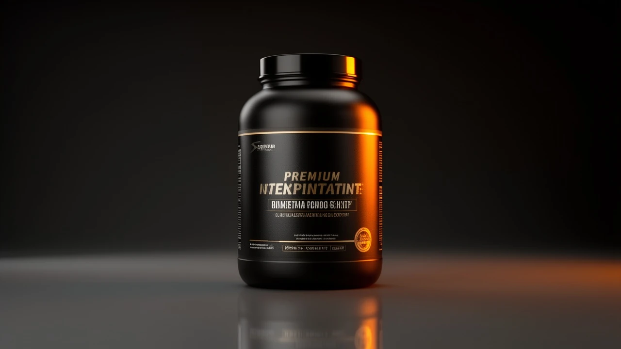 Premium e-commerce hero of a black supplement tub on a seamless graphite sweep with a soft orange rim light and crisp shadow, magazine-grade product photography, 16:9.