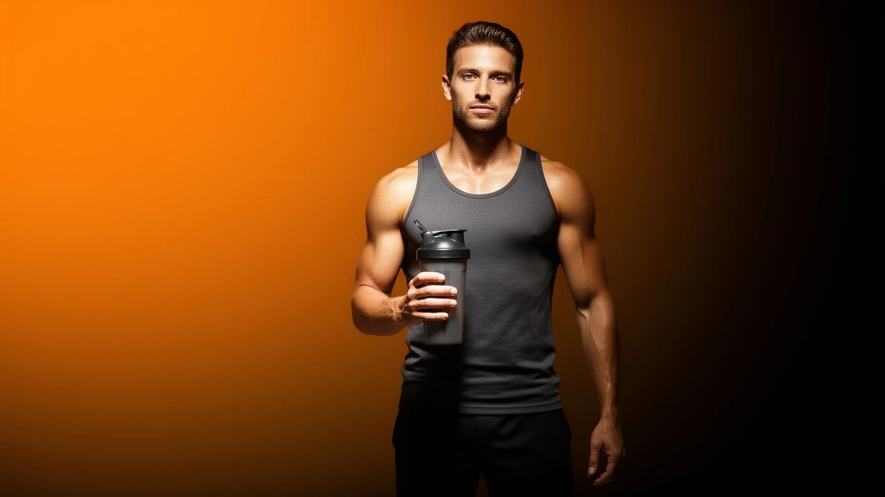 Cinematic 16:9 hero: a fit athlete holding a shaker bottle cleanly isolated with perfect cutout edges against a seamless orange-to-near-black gradient, dramatic studio key light, premium AI background removal result.