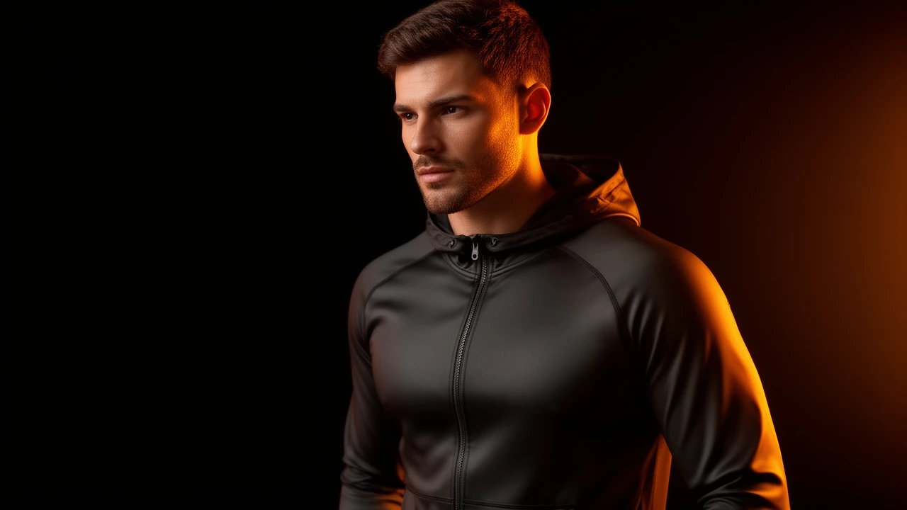 Cinematic 16:9 hero: a fit model wearing a premium matte-black performance hoodie with realistic fabric drape, dramatic key light with warm orange edge glow on near-black, virtual try-on result.