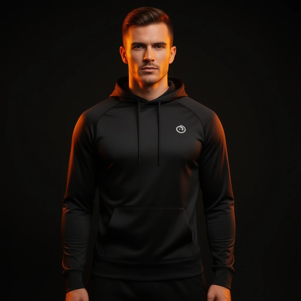 The same black performance hoodie now worn by a fit model with realistic drape and natural folds under a dramatic key light with an orange edge, virtual try-on result — sample output