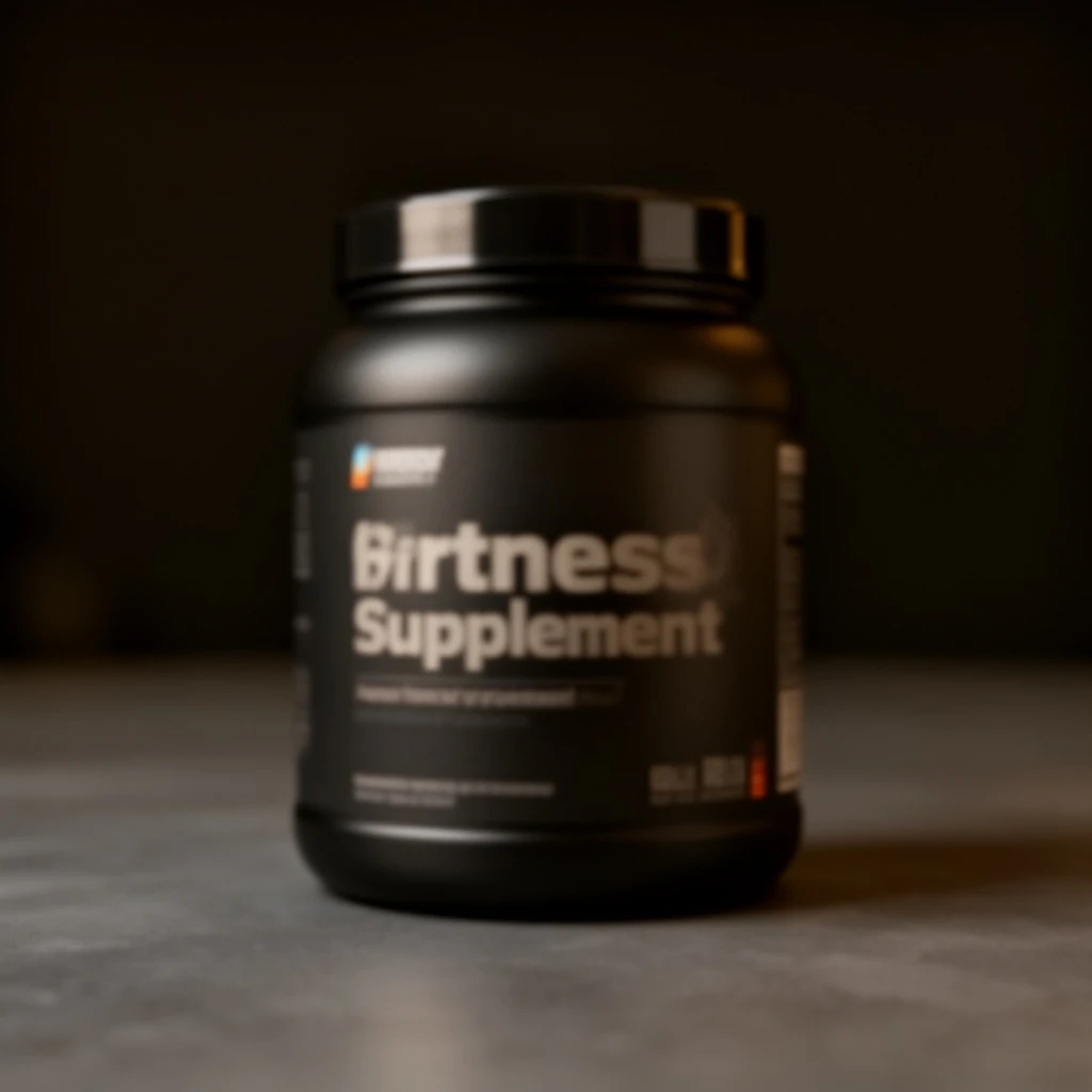 BEFORE: a soft, low-resolution 480p product snapshot of a matte-black supplement tub with mushy label text and visible compression artifacts on a near-black surface — sample output