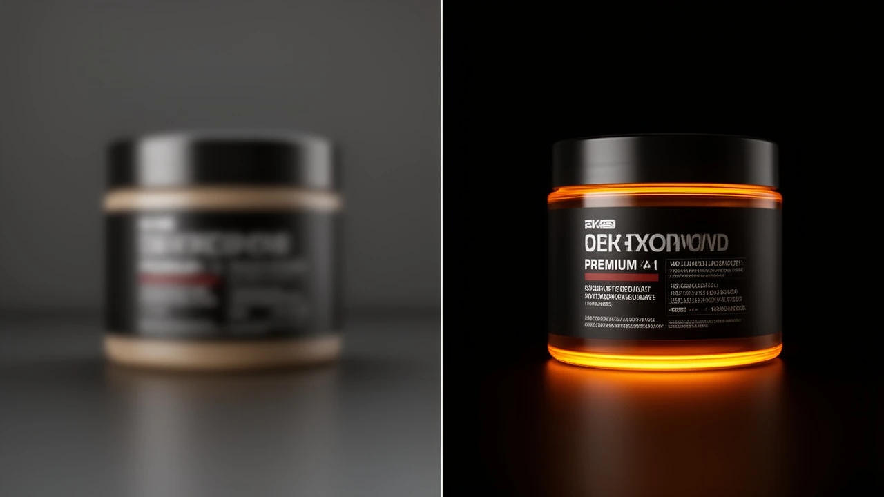 Cinematic 16:9 split-frame hero: left half shows a blurry low-res supplement tub, right half shows the same tub in razor-sharp 4K detail with crisp label and warm orange rim light on near-black, premium AI upscale concept.