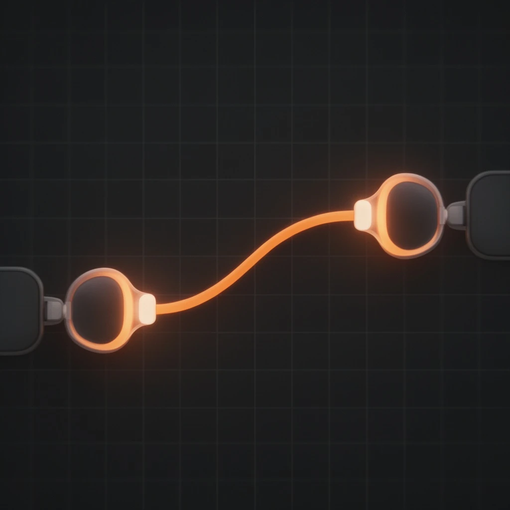 A close node-canvas detail of two glowing nodes connected by a luminous orange bezier wire between ports over a faint grid, modern workflow-builder aesthetic, 16:9.