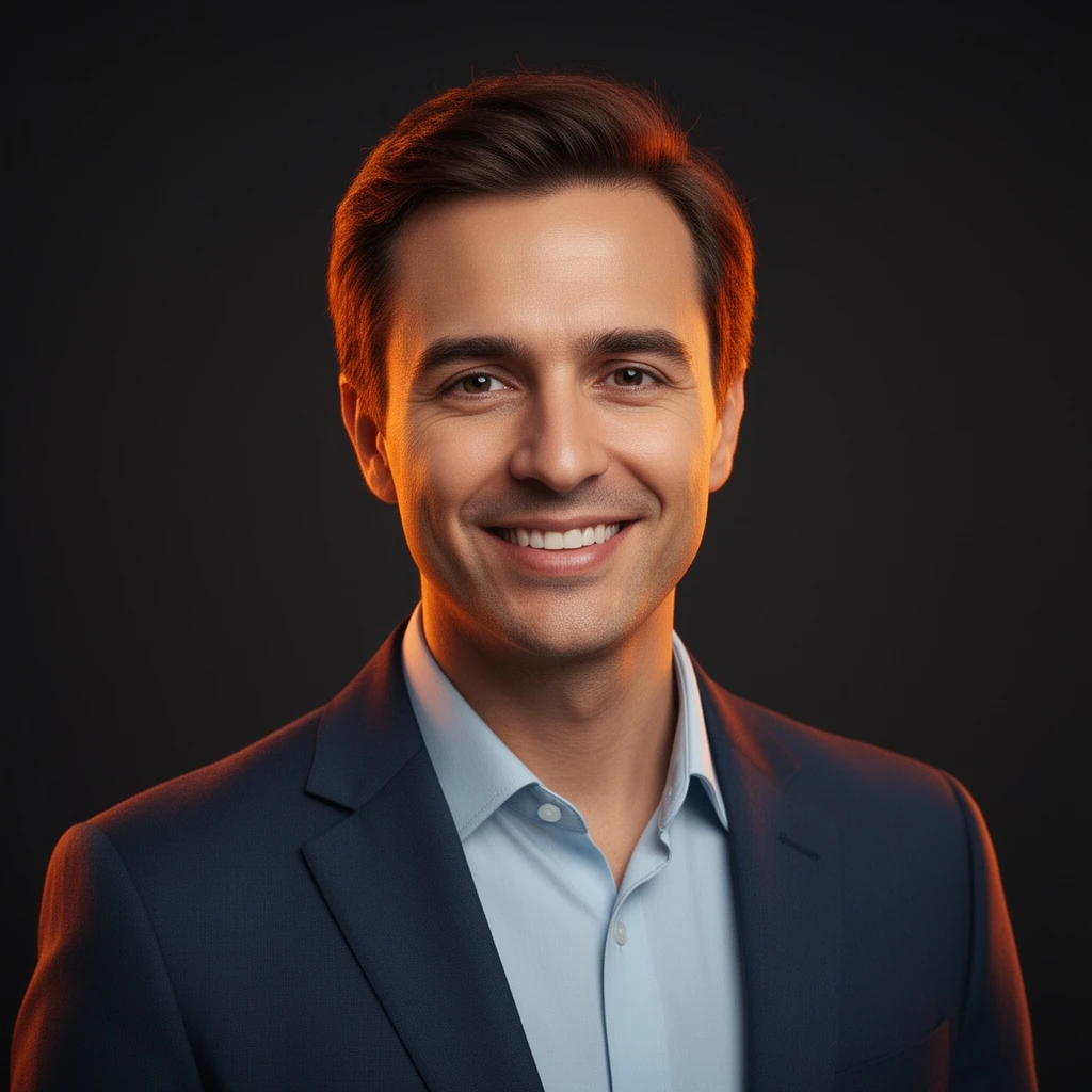 Polished AI brand presenter avatar in a studio portrait, confident and lifelike — sample output