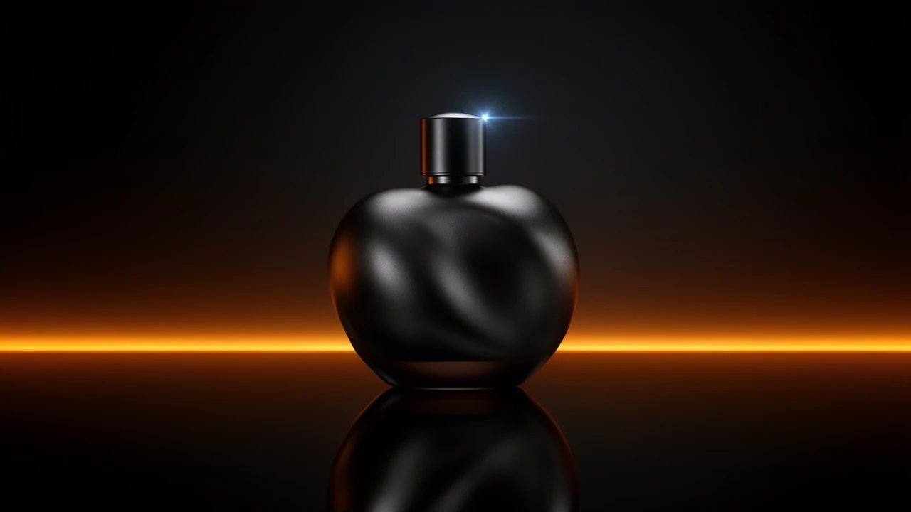 Premium fragrance bottle product ad on a reflective black surface with an orange rim light — sample output