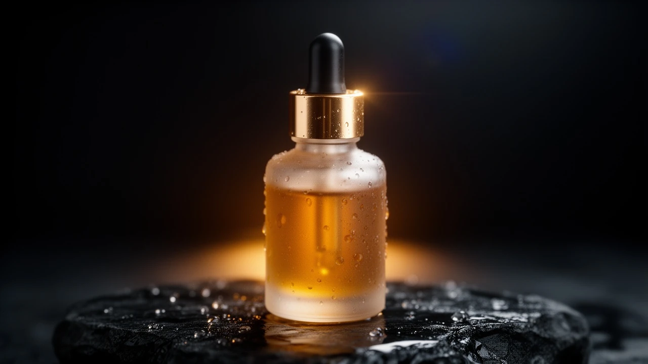 Luxe amber serum bottle macro push-in with water droplets and warm rim light in a dark studio — sample output