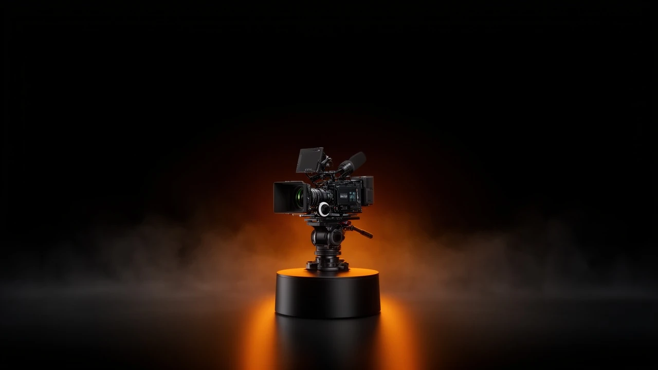Cinematic hero shot: cinema camera on dark pedestal with dramatic orange rim light and black negative space for headline overlay