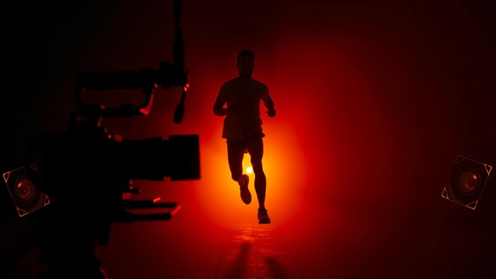 Athletic creator silhouette with dramatic orange backlit haze, professional camera rig, dark negative space for headline