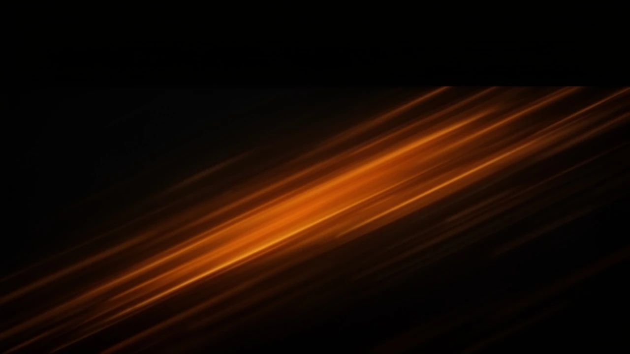 Abstract orange and amber diagonal light streaks on deep black background with dark negative space for headline
