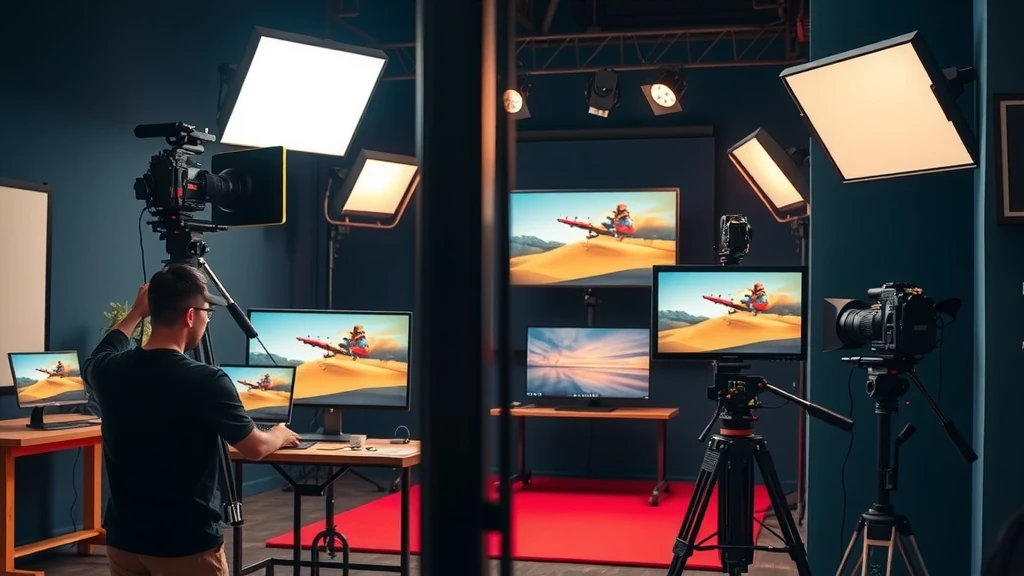 Premium video production studio with professional camera equipment and monitors, cinematic dark aesthetic