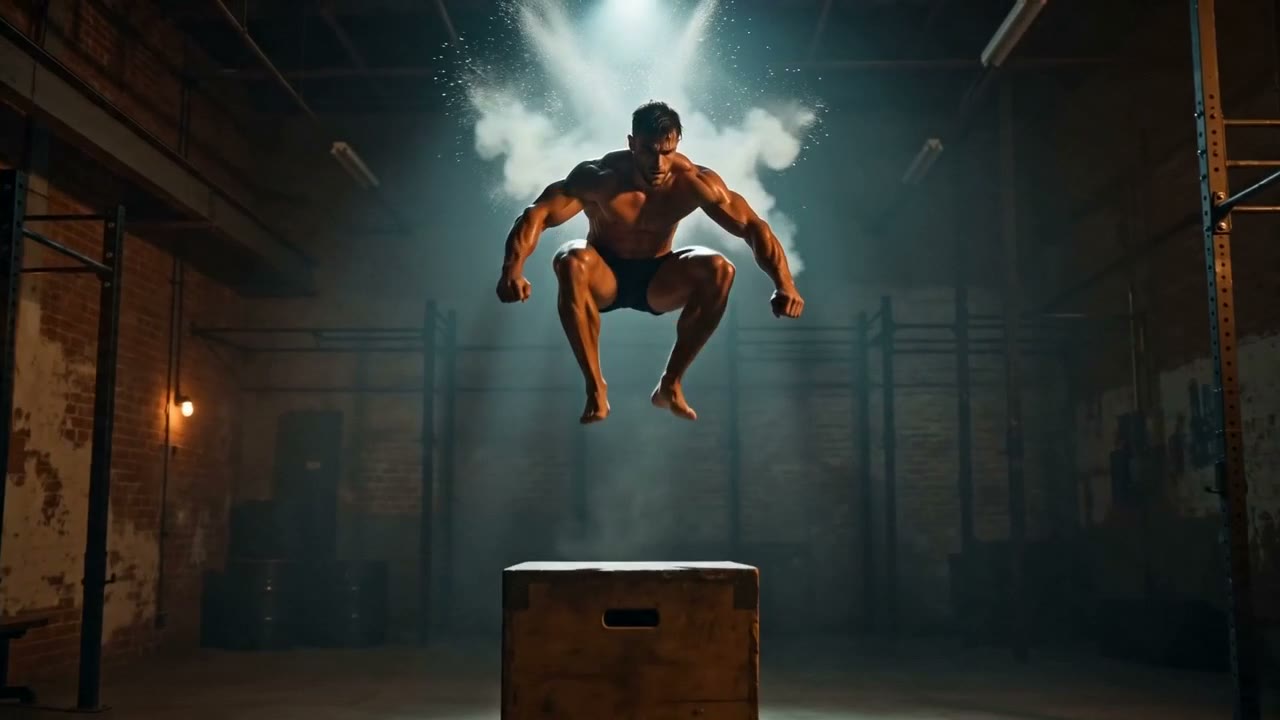 Slow-motion hero shot: a muscular athlete erupting into an explosive box jump in a moody industrial gym, chalk dust catching a single top light, sweat spray frozen then… — sample output
