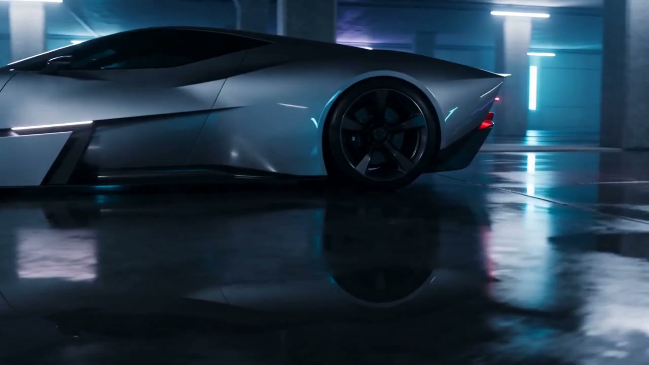 Cinematic reveal of a matte-graphite hypercar in a wet neon-lit underground garage, camera arcs around the body as strip lights streak across the paint, reflections rippling on… — sample output