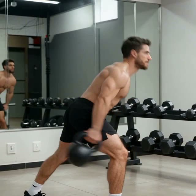 a person doing a kettlebell swing in a gym, smooth motion