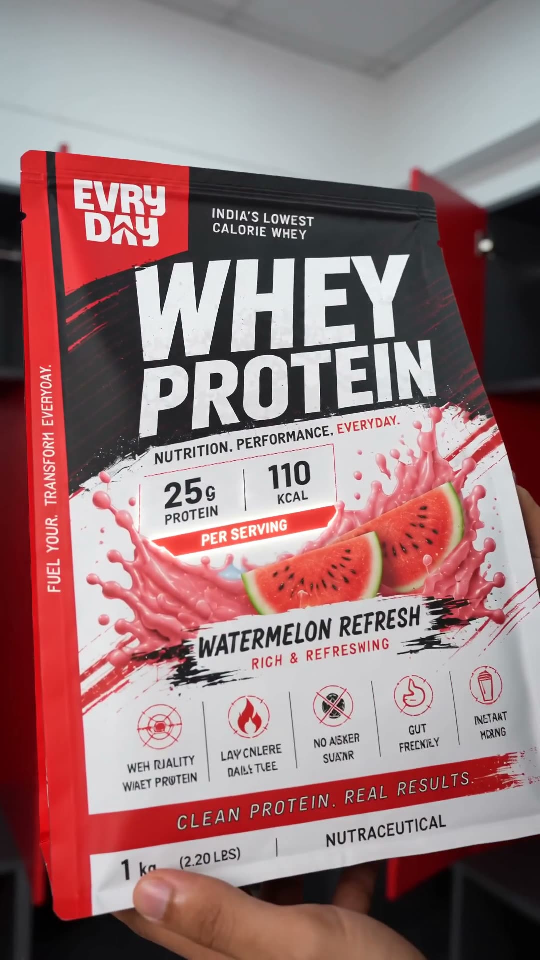 UGC Video Prompt – EVRYDAY Whey Protein (Watermelon Refresh) Style: Premium fitness UGC, authentic creator content, viral Instagram Reel, TikTok ad, natural lighting, high-energy g