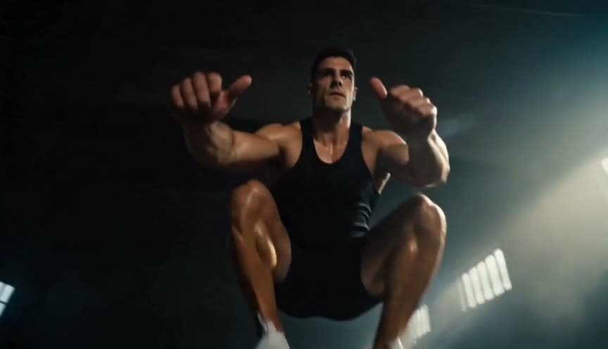 Energetic fitness reel: an athlete doing explosive box jumps in a moody gym, dynamic camera, volumetric light, slow-motion sweat spray, 16:9 — sample output