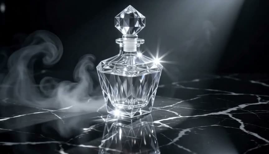 Cinematic slow orbit around a glowing crystal perfume bottle on black marble with drifting smoke, luxury fragrance ad, dramatic light, 16:9 — sample output