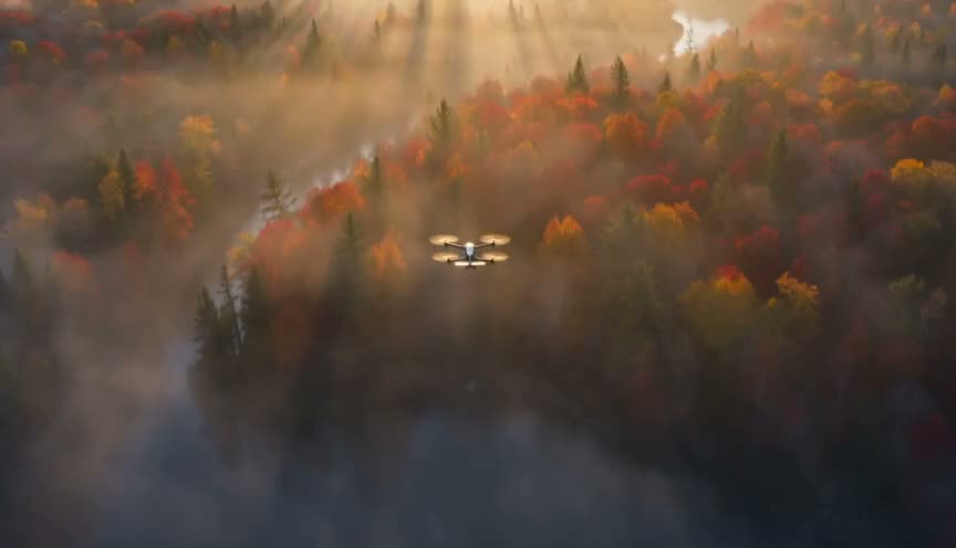 A slow aerial glide over a misty autumn forest at sunrise, golden light breaking through the fog with a river winding below in epic drone motion.