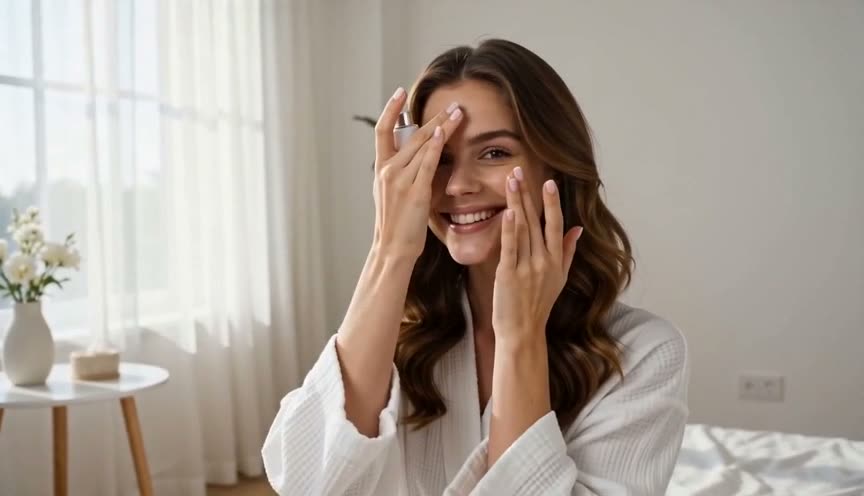 A smiling woman applying glowing skincare in soft natural window light, with gentle handheld motion, an authentic relatable vibe and warm tones.