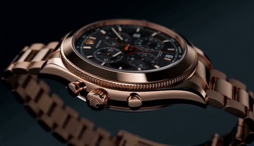 A luxury chronograph watch slowly rotating under a moving key light, reflections sweeping across the polished case in macro with shallow depth of field.