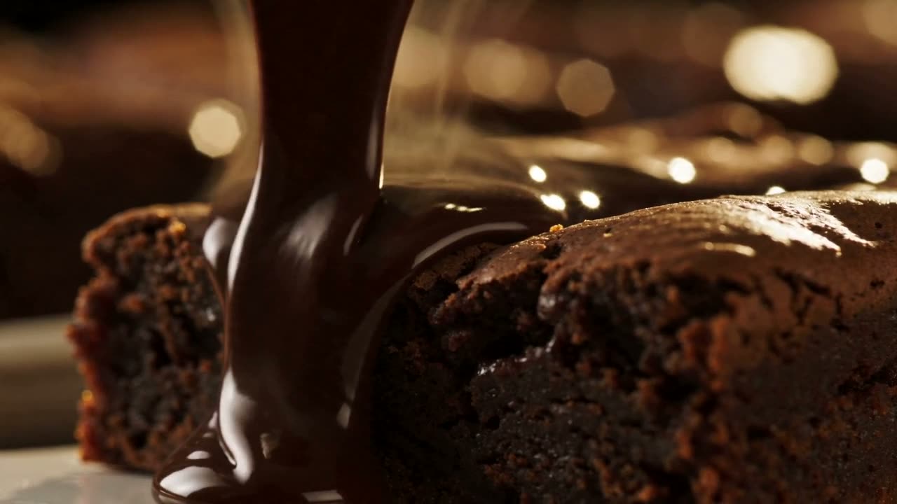 Glossy dark chocolate cascading over a glistening dessert in macro slow motion, with rich amber light, steam wisps and a gentle camera drift.