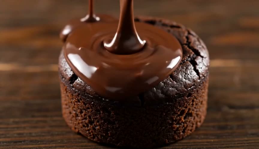 Molten chocolate poured over a glistening dessert in macro slow motion, with soft light and rich tones.