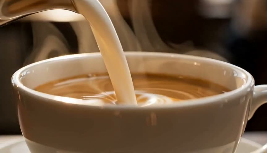 Steam rising off a freshly poured espresso as latte art swirls into place, shot in macro with warm cafe light and a gentle camera drift.