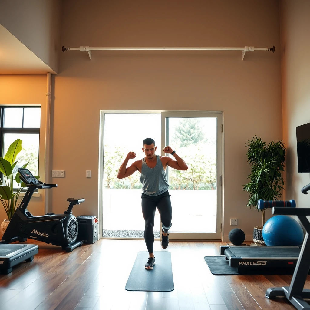 Athletic person working out in modern home gym, authentic candid feel, Instagram story aesthetic
